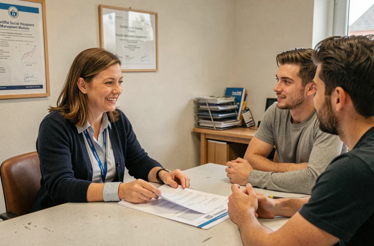 Gestionnaire de logements sociaux d'Habitat Hauts-de-France expliquant un contrat de gestion locative certifiée à un jeune couple dans un bureau