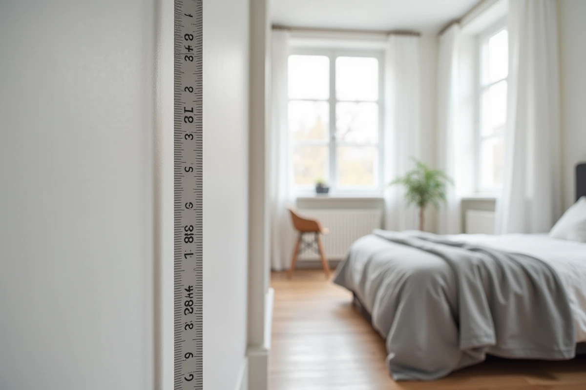 Gros plan d'un mètre ruban mesurant la hauteur sous plafond d'une chambre à 2,20 mètres, critère légal pour définir une surface habitable conforme
