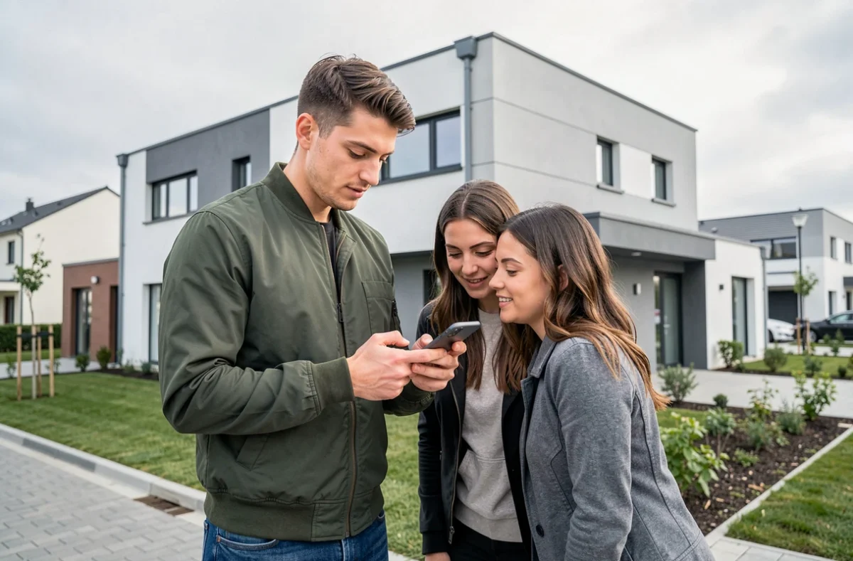 Agent Homki montrant une annonce immobilière sur smartphone devant une maison neuve en périphérie du Mans