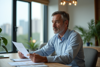 Homme d'affaires lisant des documents dans un appartement moderne