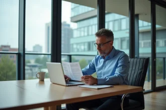 Homme d'affaires en chemise bleue examine un rapport financier