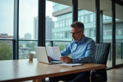 Homme d'affaires en chemise bleue examine un rapport financier