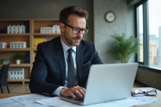 Homme en costume vérifiant plans architecturaux au bureau