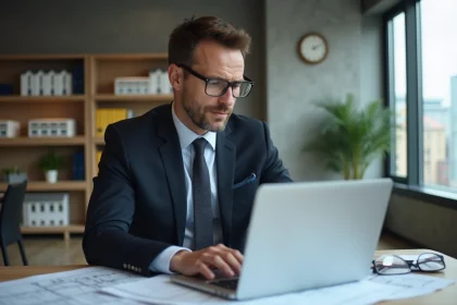 Homme en costume vérifiant plans architecturaux au bureau
