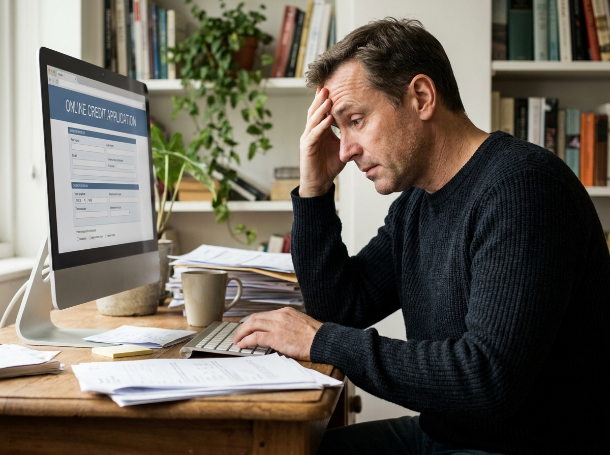 Homme frustré consulte un formulaire en ligne dans son bureau