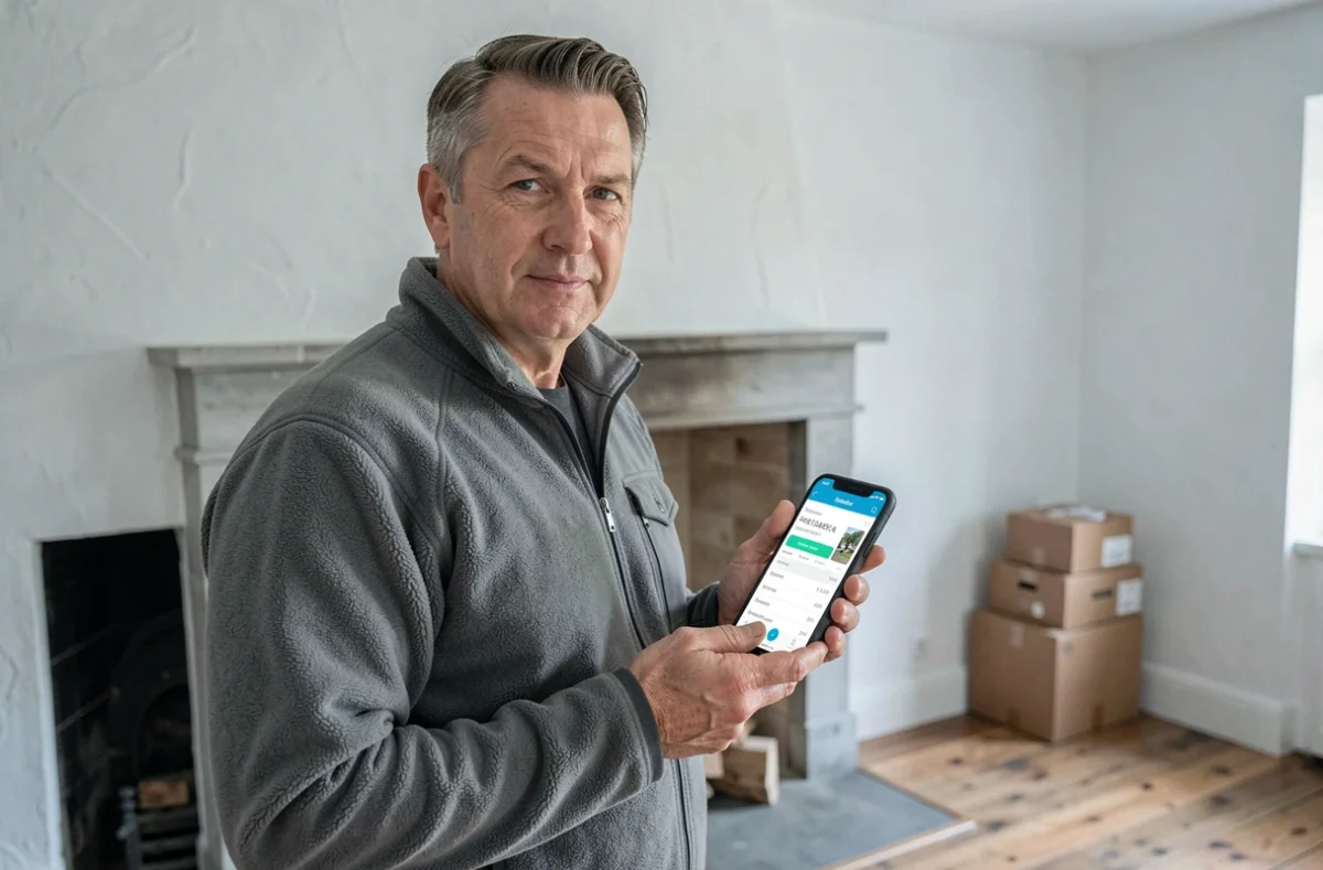 Homme comparant les prix de location immobilière dans la Creuse sur smartphone dans un intérieur rustique