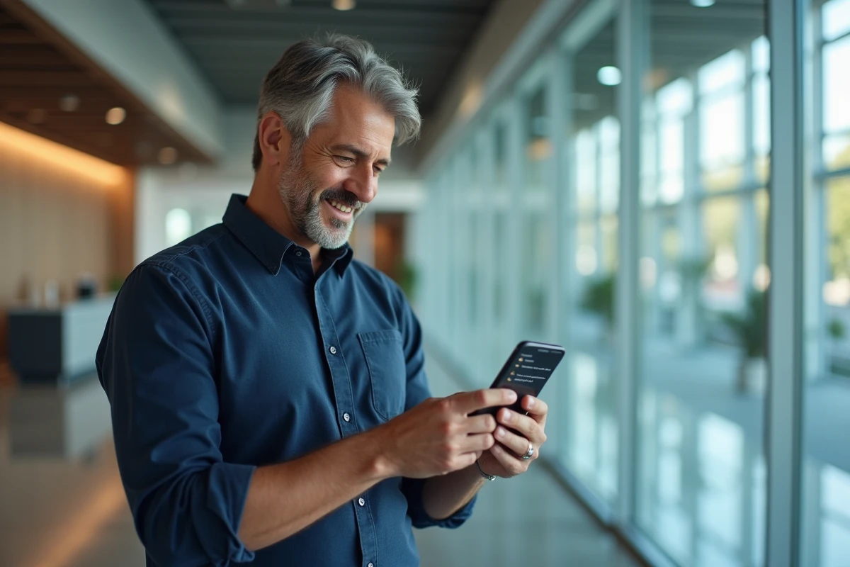 Homme consultant son compte MyCitya mis à jour sur smartphone dans un espace public administratif moderne