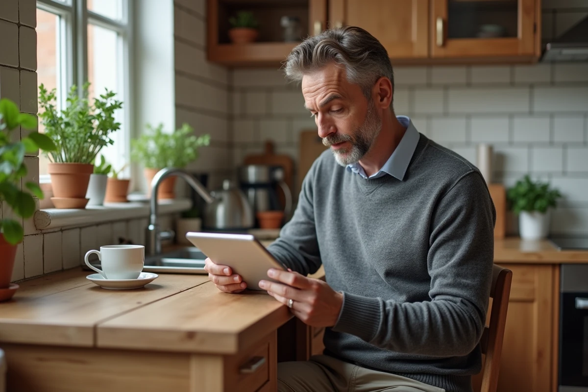Homme lisant un feedback de location dans sa cuisine