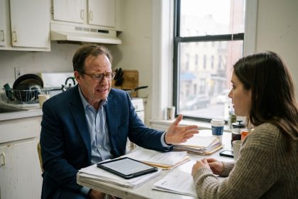 Homme d'&acirc;ge moyen en costume bleu avec lunettes devant documents de location