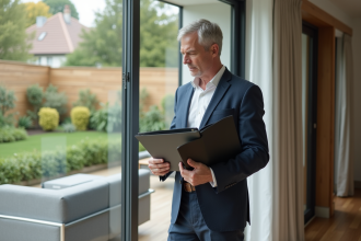 Homme d'âge moyen examinant des documents près d'une grande fenêtre