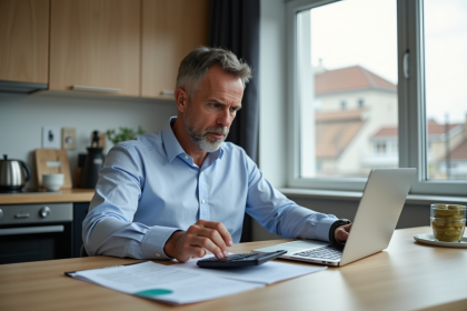 Homme en réflexion avec contrat de prêt et calculatrice