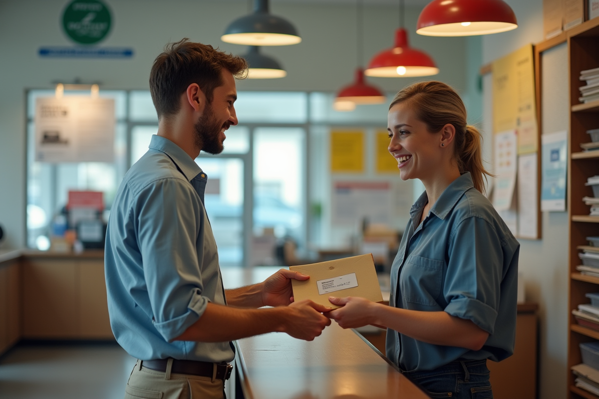 Homme remettant une enveloppe à un agent postal au bureau
