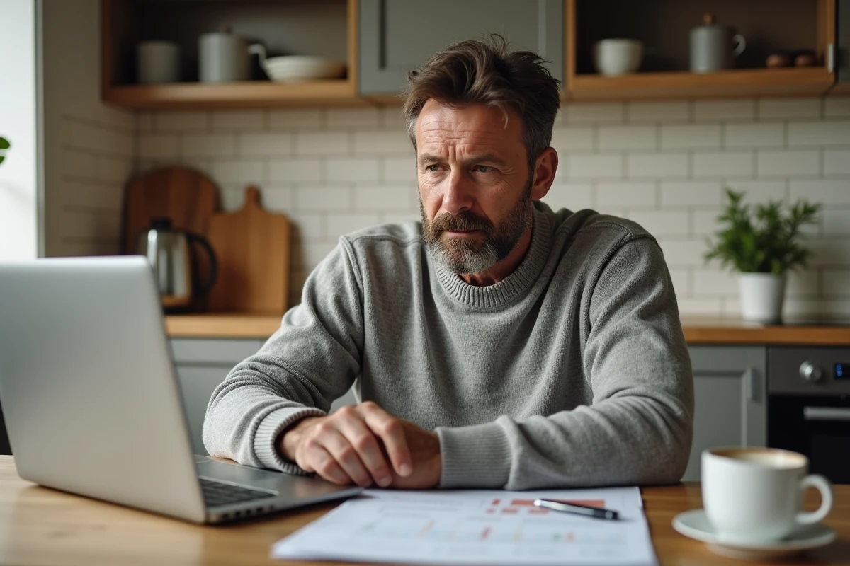 Homme d'âge moyen évaluant une estimation immobilière dans sa cuisine