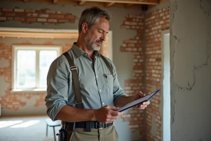 Homme d'&acirc;ge moyen examine l'isolation dans une maison en r&eacute;novation