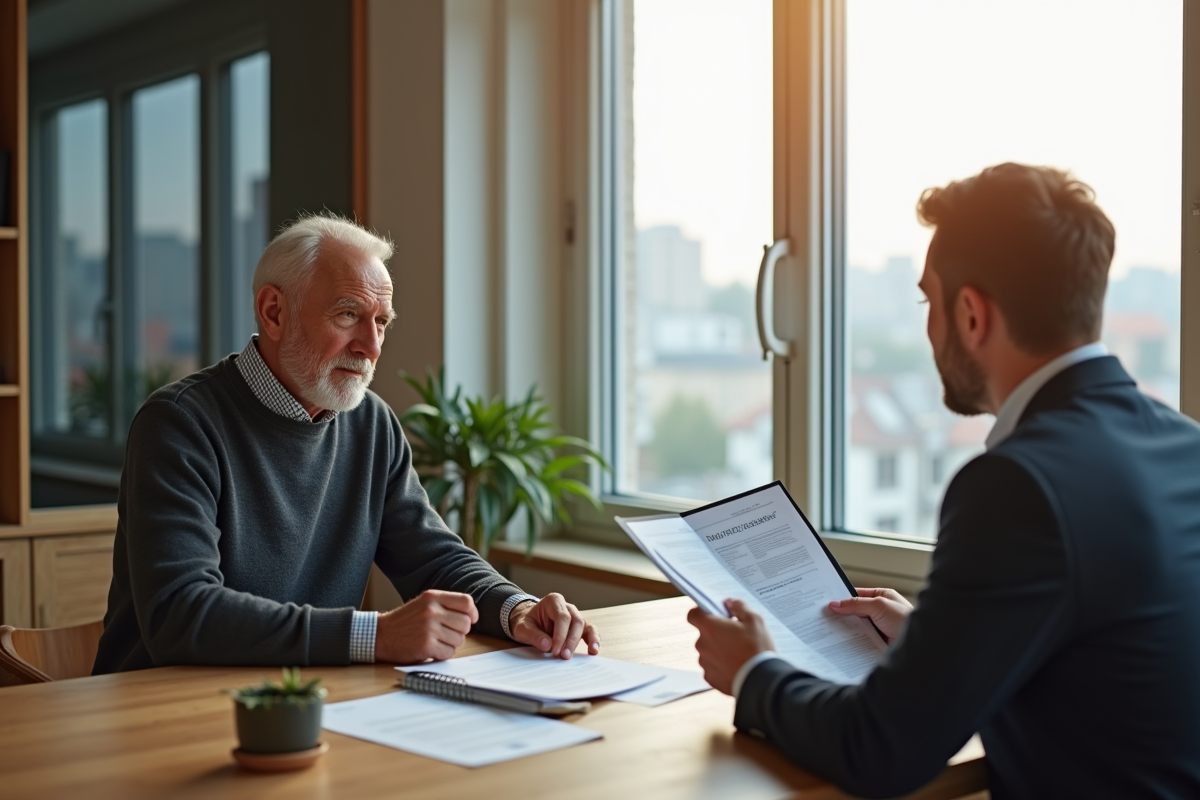 Homme âgé consulte un agent immobilier avec un classeur dans un intérieur lumineux