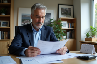 Homme d'âge moyen examinant des documents immobiliers dans un bureau moderne