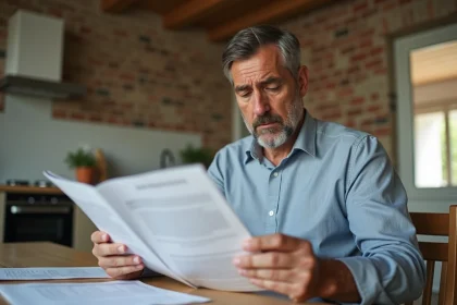 Homme d'âge moyen lisant des documents immobiliers dans un intérieur moderne