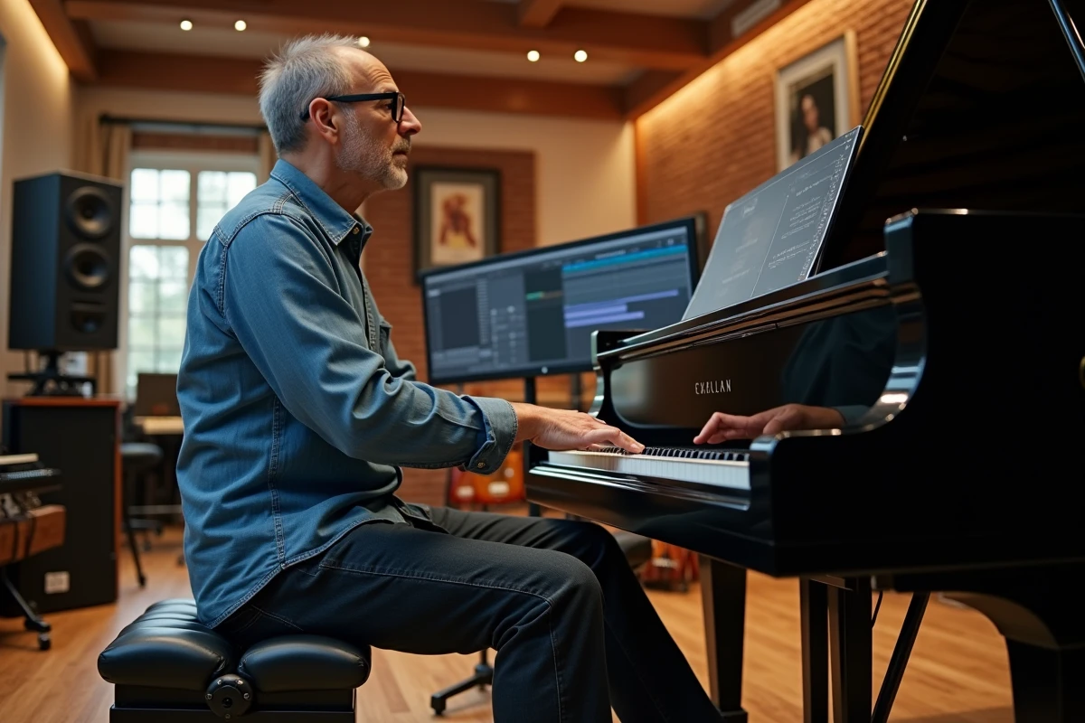 Musicien assis au piano dans un studio de musique moderne