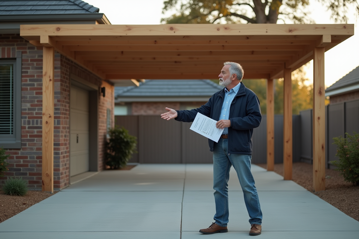 Homme d'âge moyen avec documents devant carport en bois