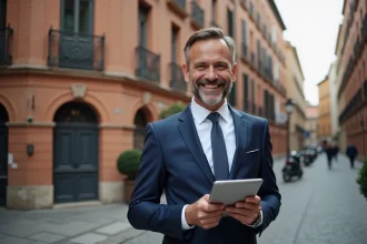 Homme d'affaires en costume dans un quartier historique de Toulouse