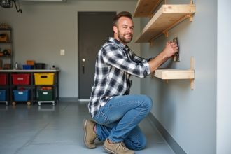 Homme d'âge moyen installant des étagères dans un garage rénové