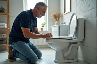 Homme d age moyen examine un mécanisme de chasse d eau