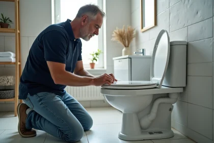 Homme d age moyen examine un mécanisme de chasse d eau