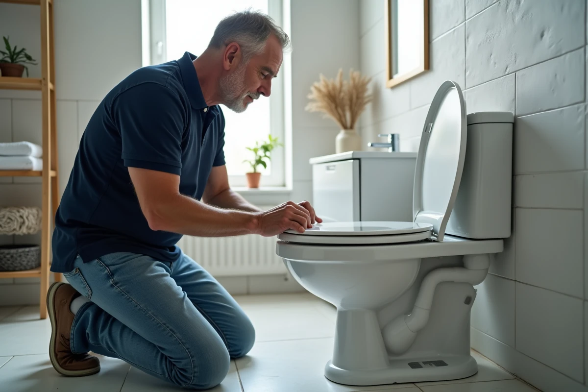 Homme d age moyen examine un mécanisme de chasse d eau