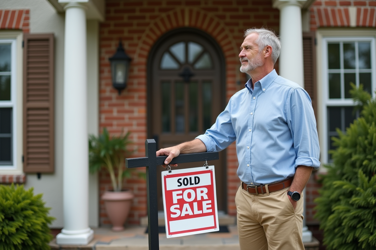Homme avec panneau vendu devant une maison en banlieue