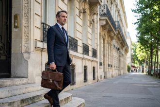 Homme élégant en costume à Paris 8 avec architecture haussmannienne