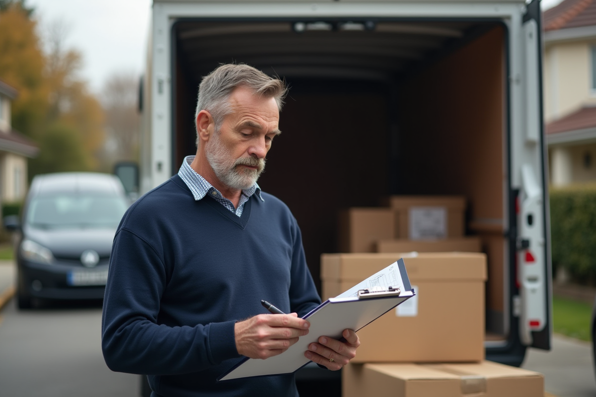 Homme vérifiant une checklist devant un camion de déménagement