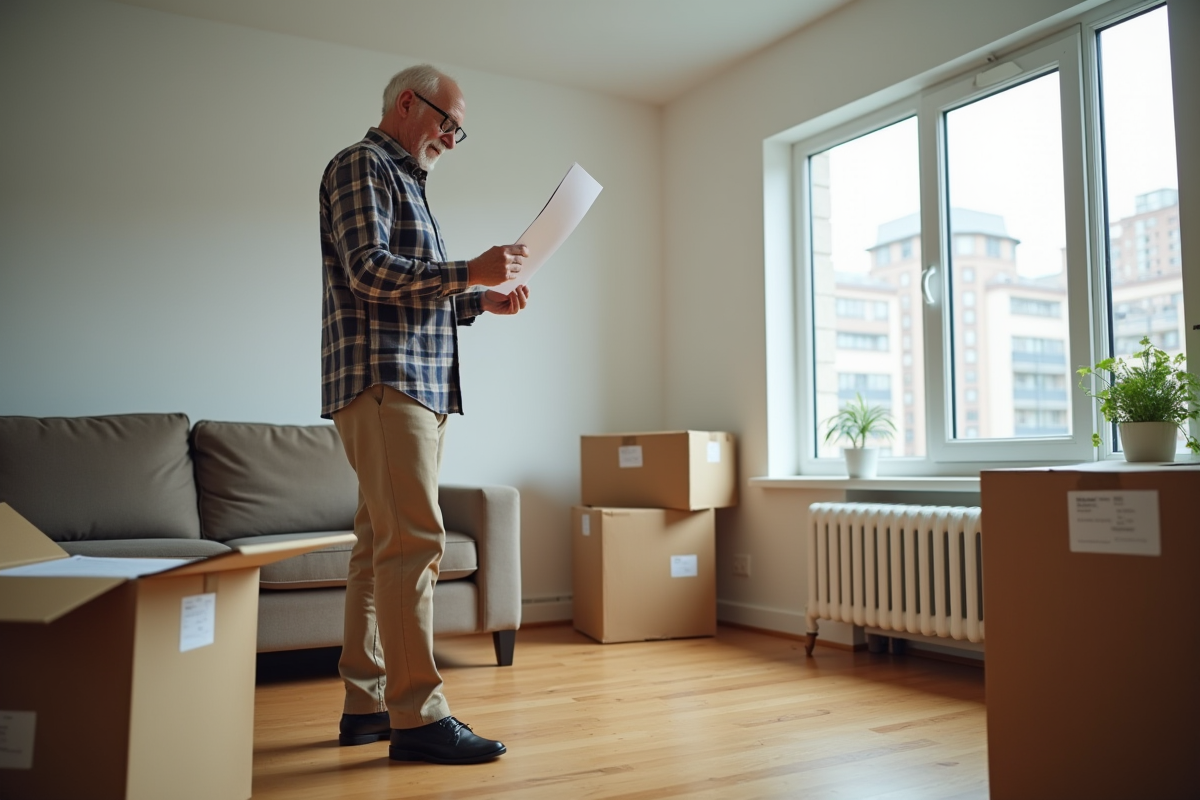 Homme âgé vérifiant papiers avec cartons dans salon