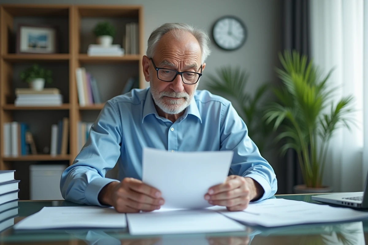 Homme âgé examinant une lettre imprimée dans un bureau moderne