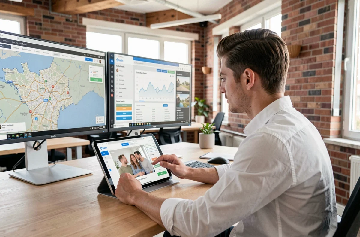 Consultant Hosman présentant un outil digital d'estimation immobilière à un couple acheteur dans un bureau proptech moderne