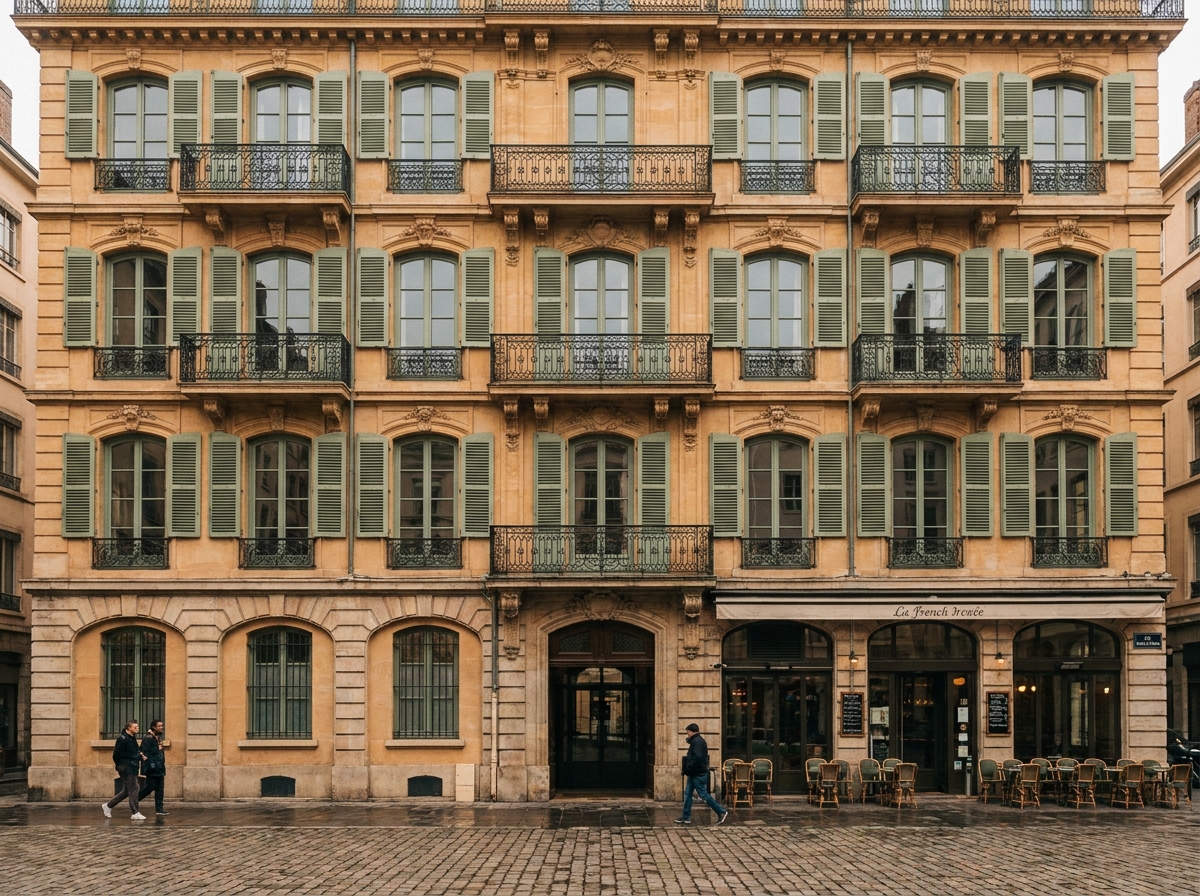 Immeuble haussmannien rénové à Lyon avec balcons en fer forgé et pierres dorées restaurées, ancien rénové centre-ville lyonnais