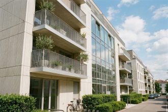 Façade d'un immeuble neuf à Lyon avec balcons modernes et grandes fenêtres, programme immobilier neuf en résidence contemporaine