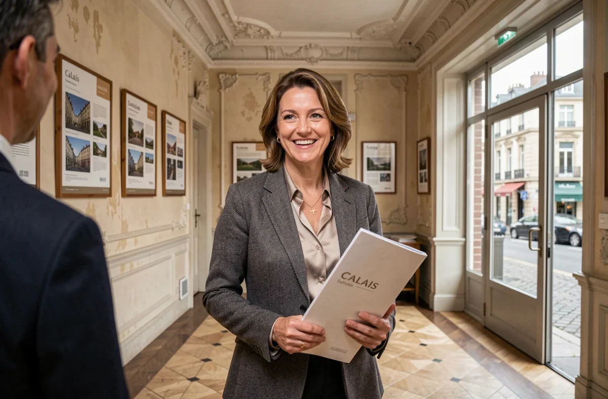 Directrice de l'Immobilière de France accueillant un client dans une élégante agence immobilière du centre-ville de Calais