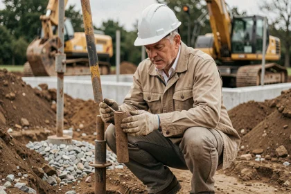 Ingénieur géotechnicien examinant une carotte de sol sur un chantier de construction résidentiel