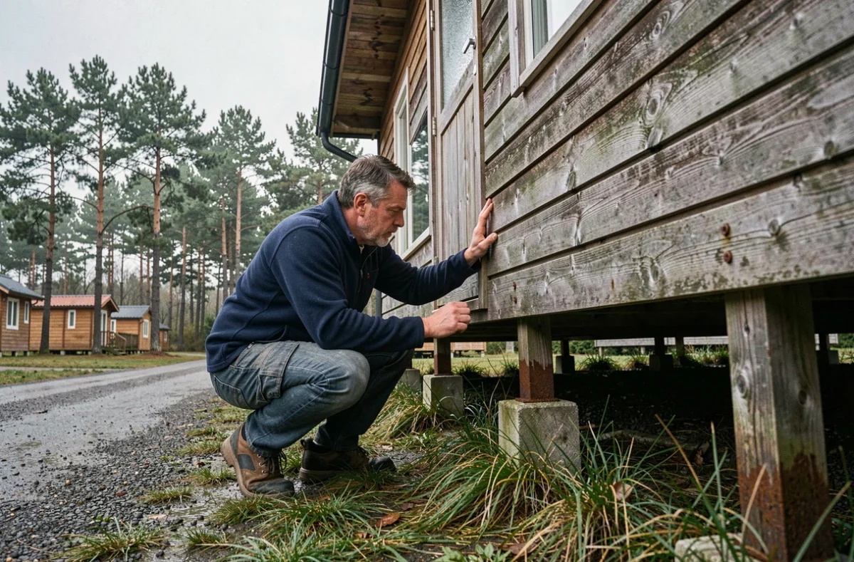 Homme inspectant la structure d'un chalet en bois dans un camping vendéen ouvert toute l'année