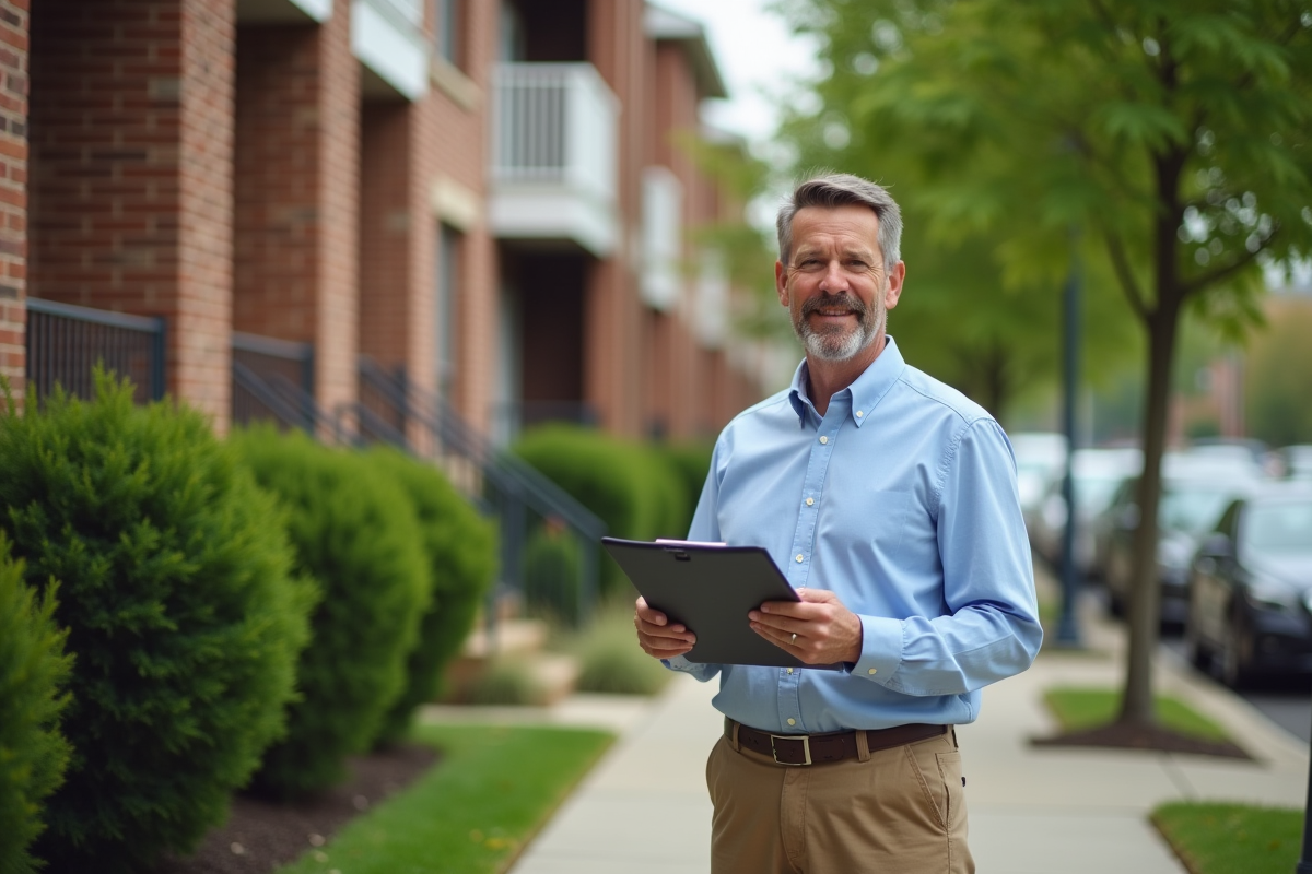Homme inspectant une facade d appartement en banlieue