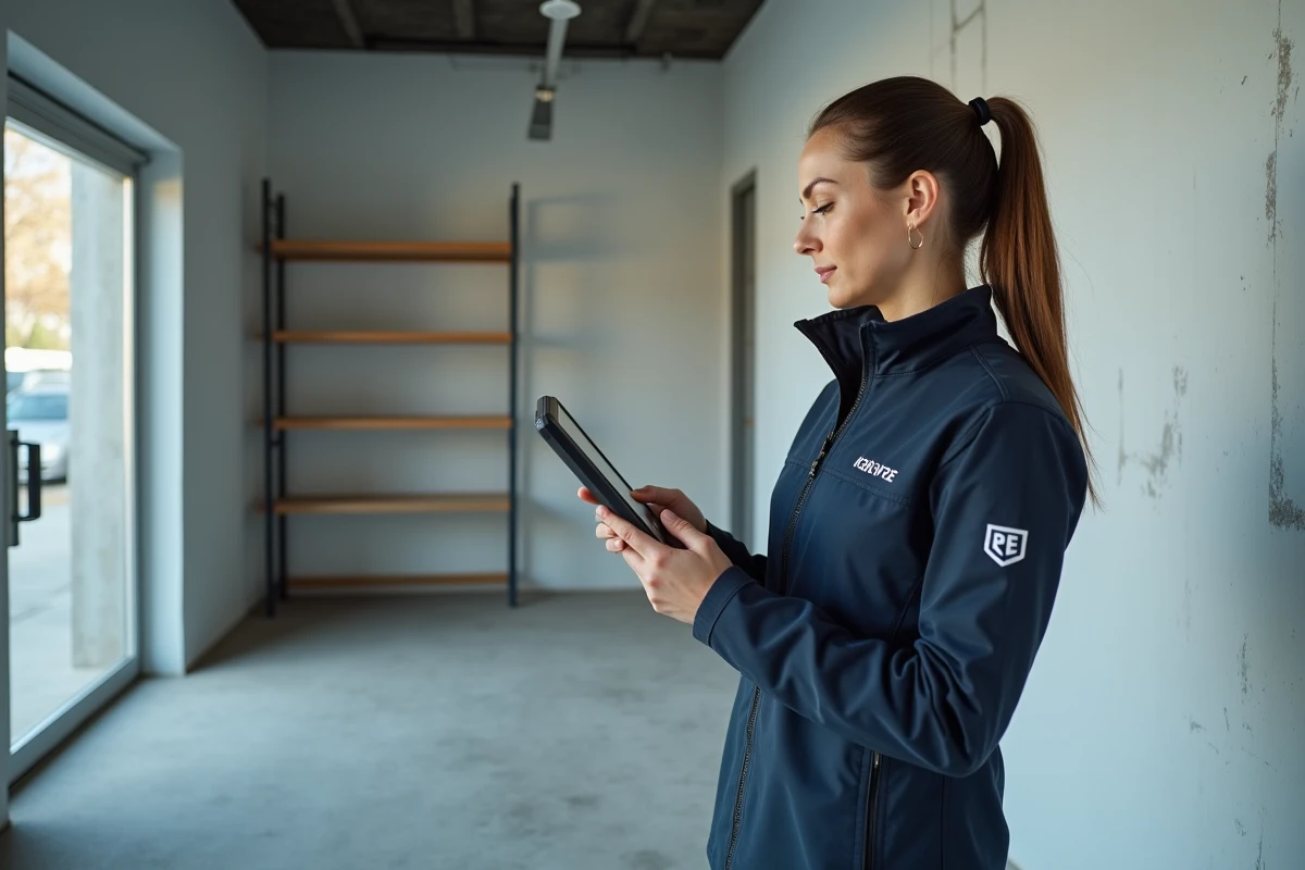 Diagnostiqueuse inspectant un local commercial vide avec une tablette numérique lors d'un diagnostic bail immobilier.