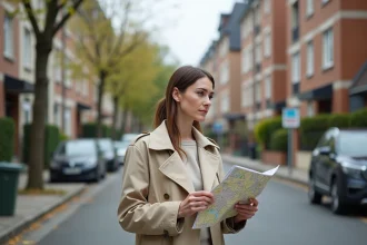 Femme inspectant un quartier résidentiel de Créteil avant un achat immobilier, carte à la main