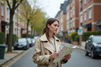Femme inspectant un quartier résidentiel de Créteil avant un achat immobilier, carte à la main