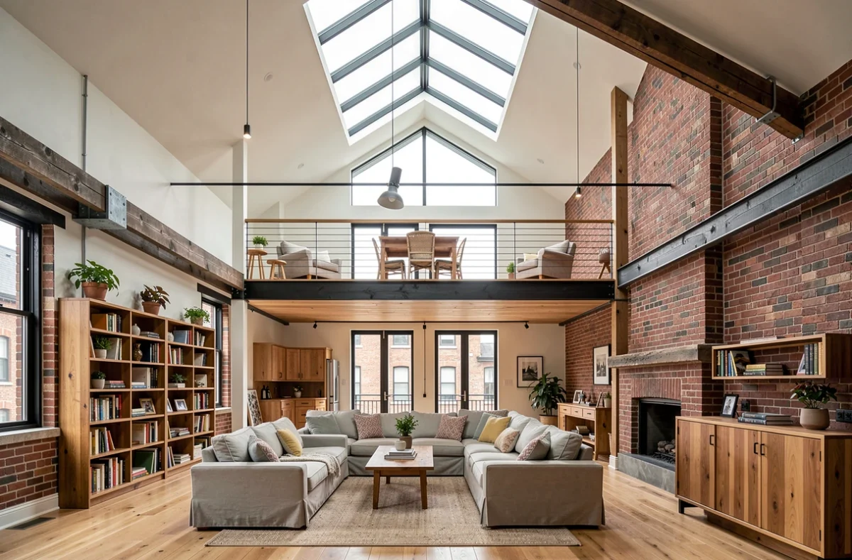 Intérieur d'un loft au plan ouvert avec mezzanine et verrière