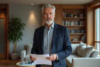 Homme d'affaires expérimenté tenant des documents immobiliers dans un appartement meublé moderne, illustrant une stratégie d'investissement locatif rentable