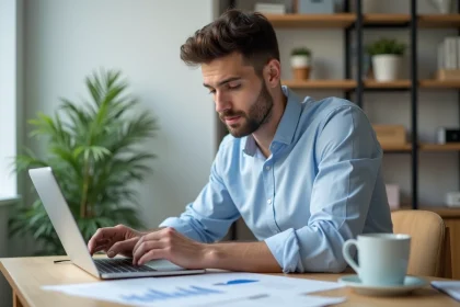 Jeune investisseur d&eacute;butant analysant des graphiques de prix sur un ordinateur portable dans un bureau &agrave; domicile moderne