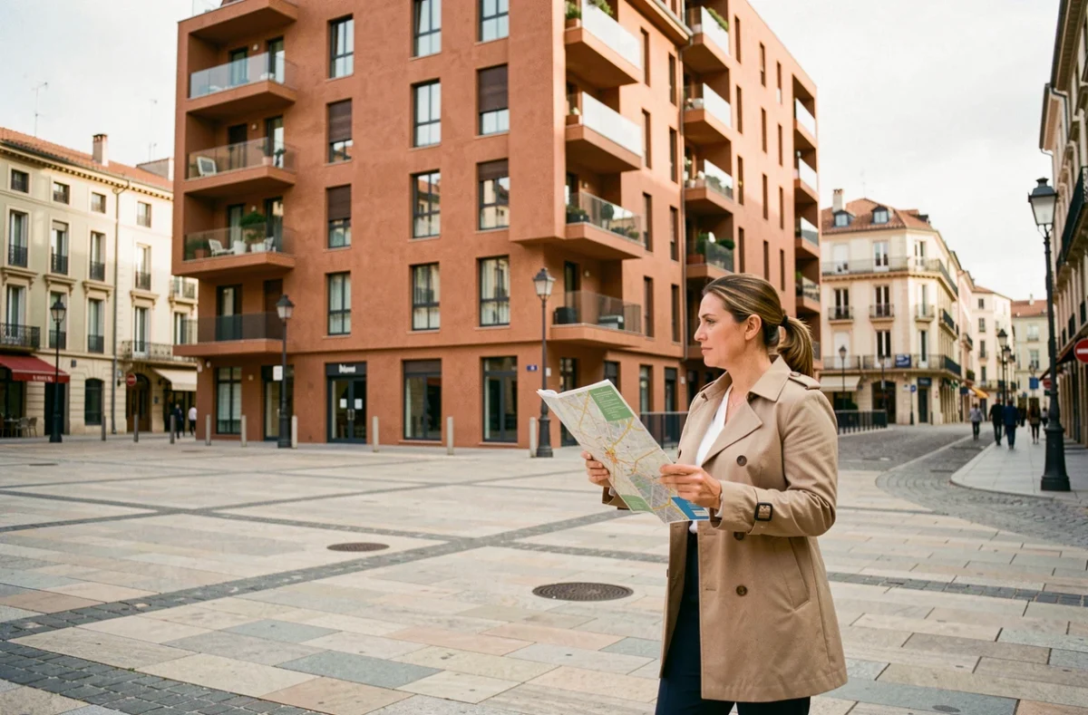 Femme investisseuse devant un immeuble résidentiel neuf à Toulouse éligible au dispositif Pinel