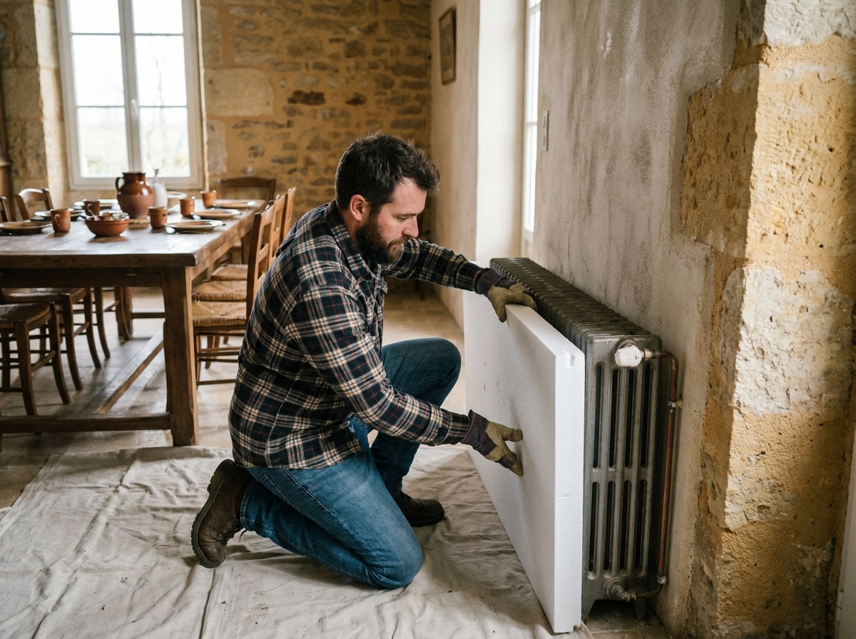 Homme posant un panneau isolant réfléchissant derrière un radiateur pour améliorer l'efficacité du chauffage dans une grande maison