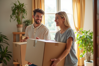 Jeune couple heureux dans leur nouvel appartement lumineux