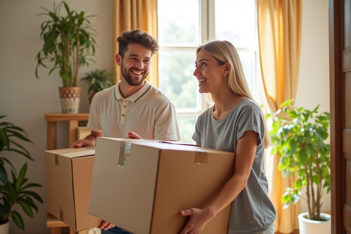 Jeune couple heureux dans leur nouvel appartement lumineux